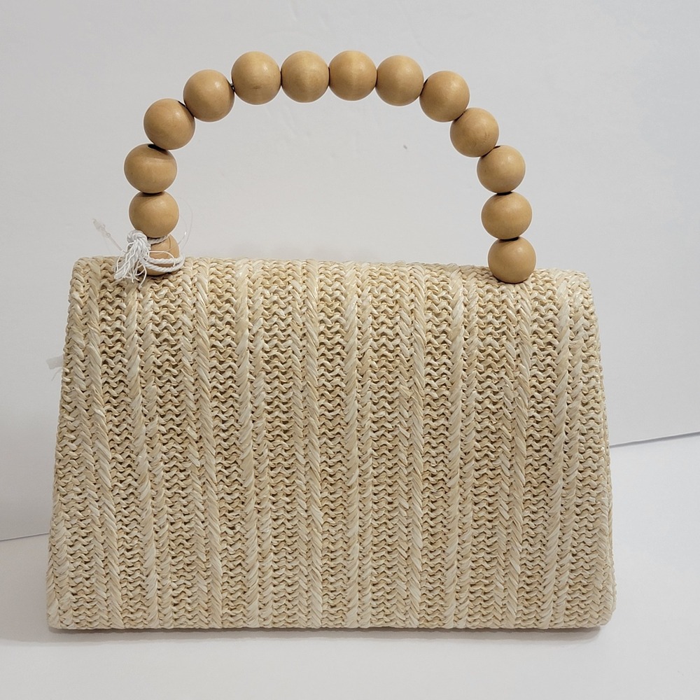 Haute Hippie Woven Straw Gold Sea Shell Clutch Bag Wood Bead Handle Crossbody - Picture 7 of 11